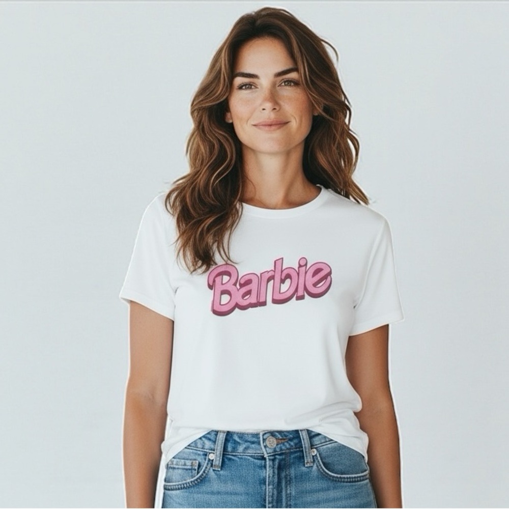 Barbie Pink Logo Graphic Tee White Women’s Small Junk Food Clothing NWOT